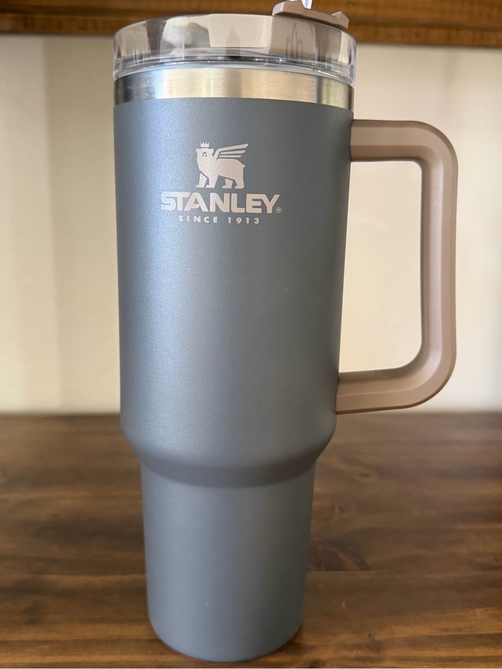 Stanley Gray Travel Tumbler 40oz with Tan Handle and Clear Lid